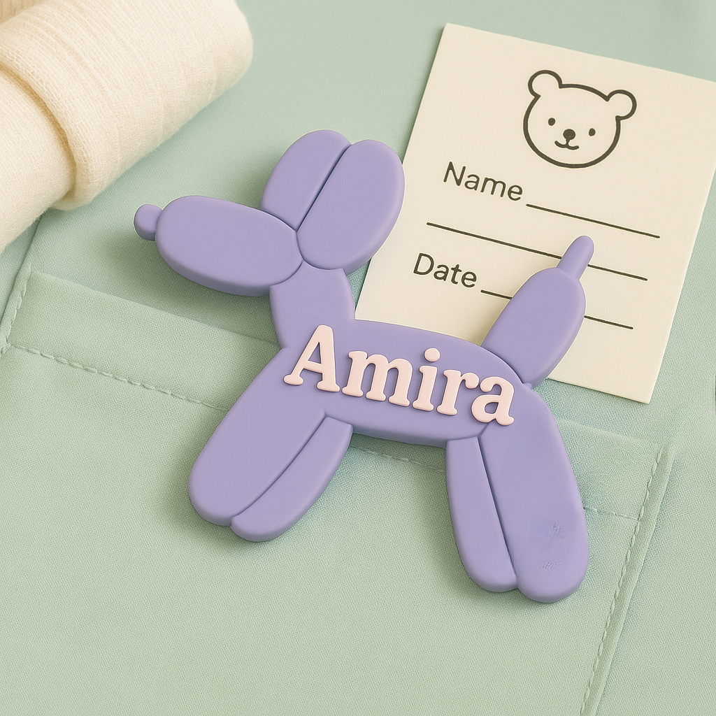🎈 Personalized Balloon Dog Name Badge – Pediatric & NICU Friendly