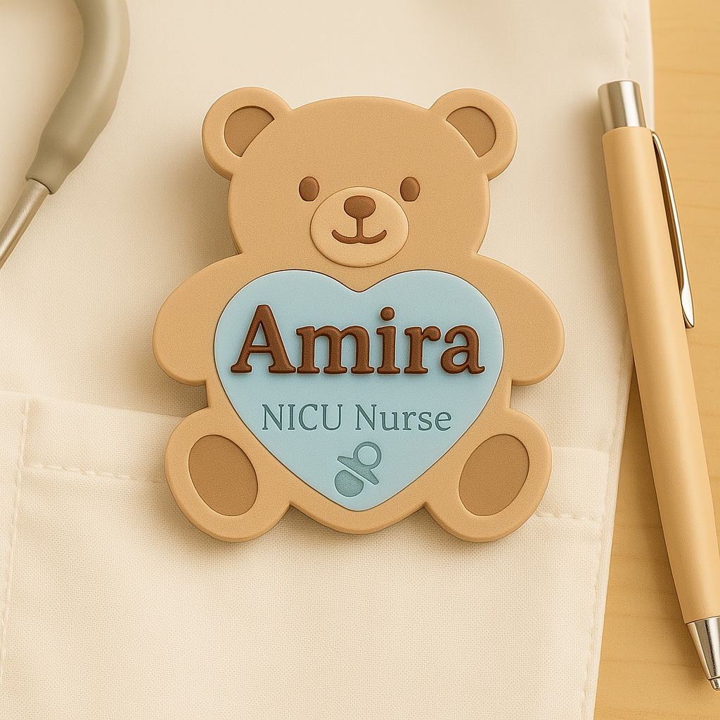 🧸 Personalized Teddy Bear Name Badge – NICU Nurse Edition