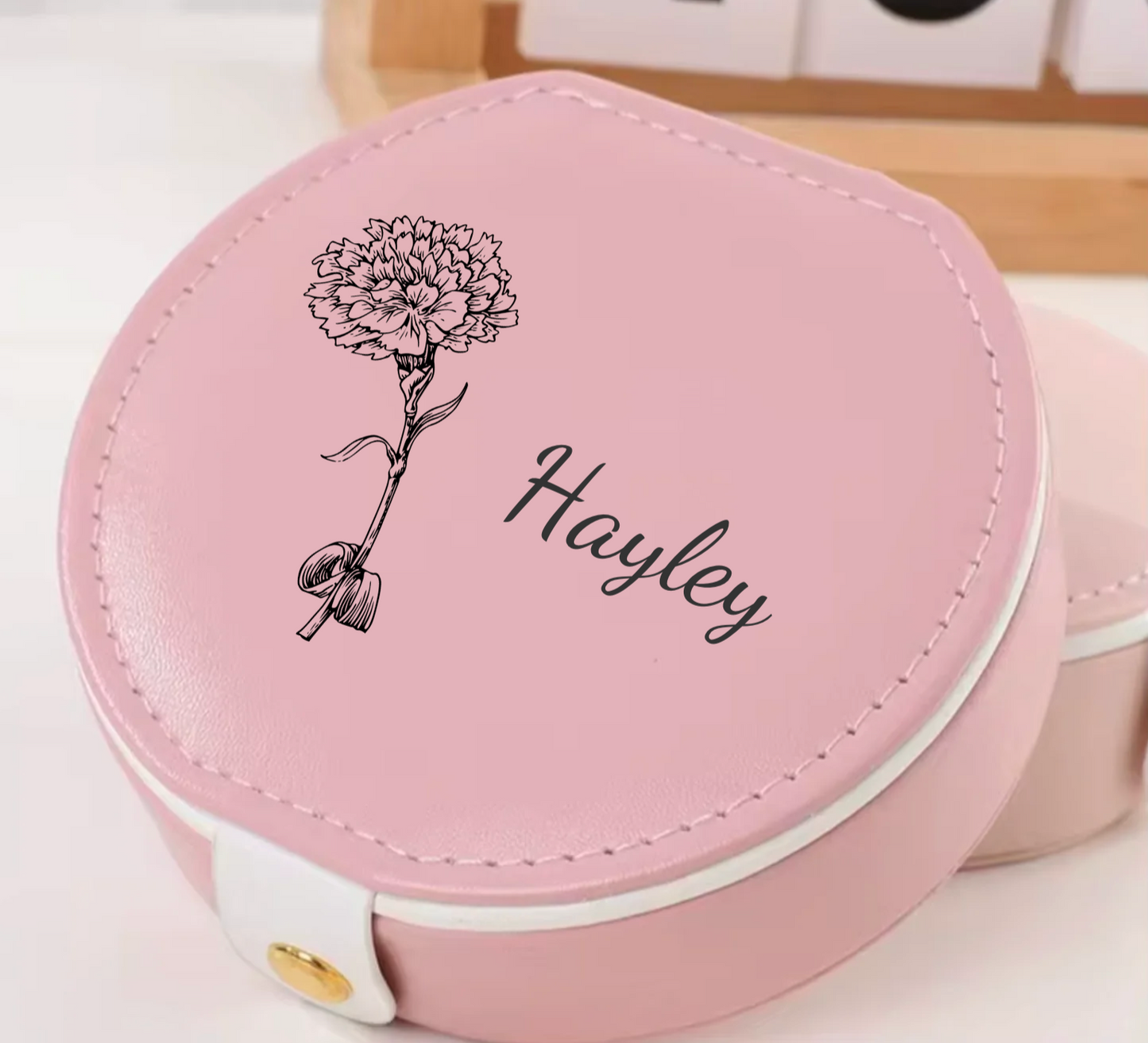 🌸 Personalized Floral Name Jewelry Box – Custom Round Travel Case with Mirror