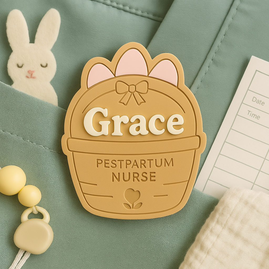 🧺 Personalized Spring Basket Name Badge – Postpartum Nurse Edition