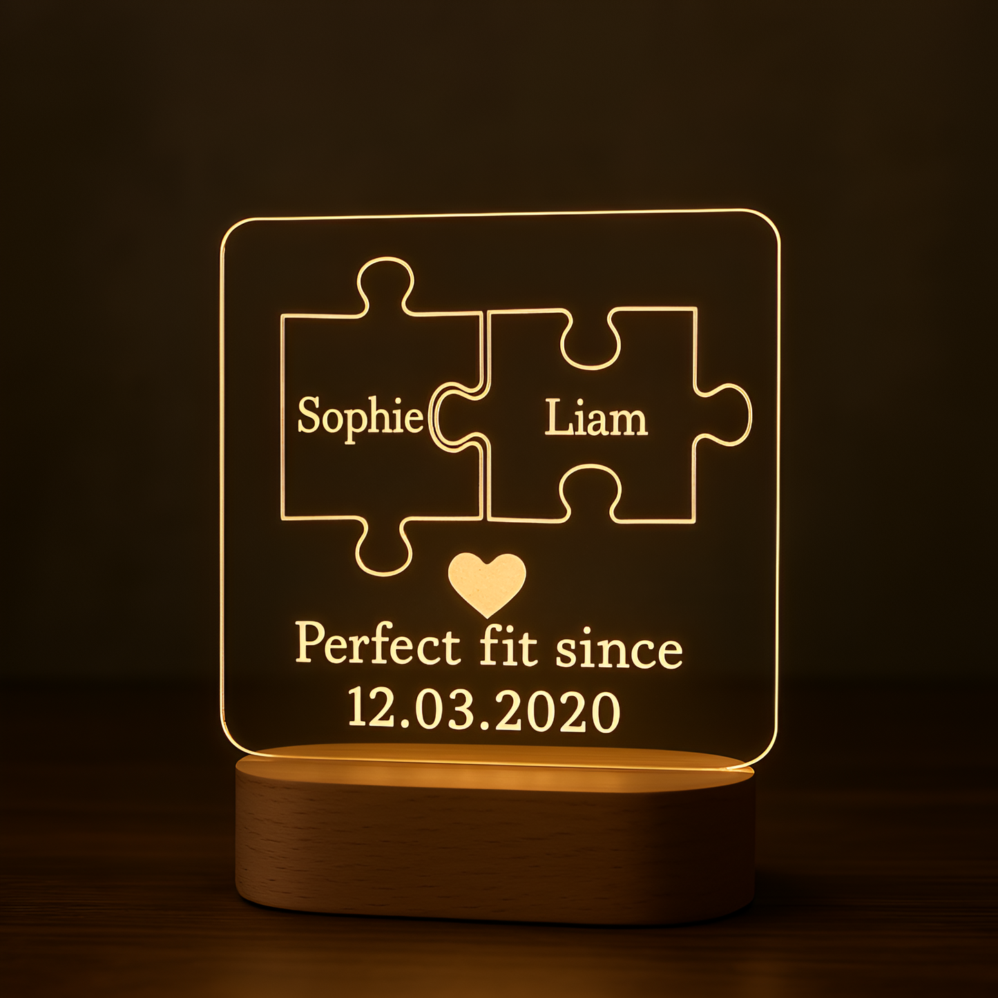 🧩 Personalized Puzzle Piece LED Acrylic Lamp – “Perfect Fit Since”